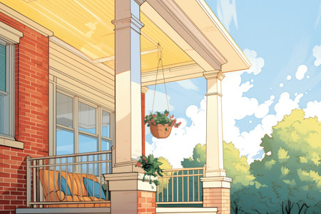 focused shot of the detail work on the side porch columns, magazine style illustrationの素材