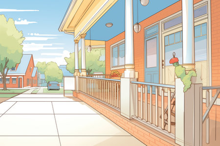 a perspective shot of the elongated side porch railings, magazine style illustrationの素材