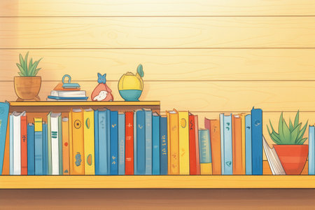 up-close shot of library books on a wooden shelfの素材