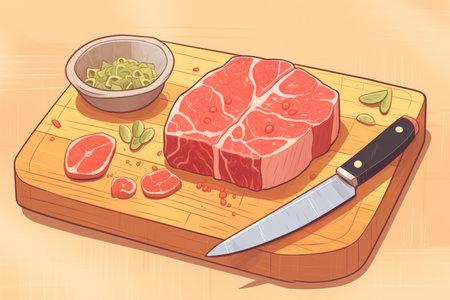 close-up of raw steak on a chopping boardの素材