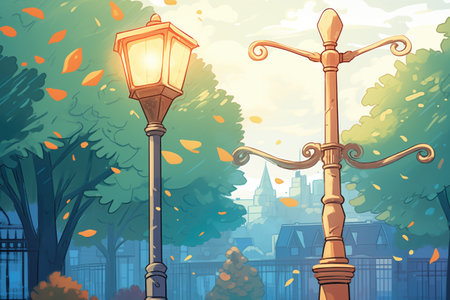 close-up of a glowing lamp post in a night-lit park courtの素材