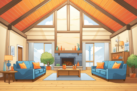 dark wooden beams in a newly constructed living room, magazine style illustrationの素材