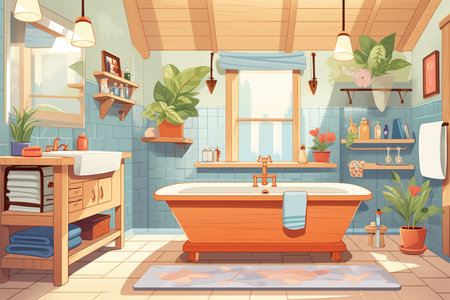 craftsman bathroom with visible wooden beams in warmer light, magazine style illustrationの素材