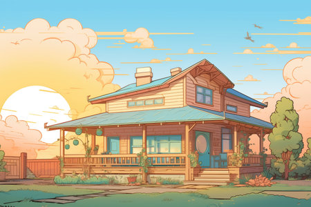 craftsman house with large eaves at sunset, magazine style illustrationの素材