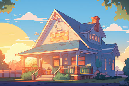 craftsman house with large eaves at sunset, magazine style illustrationの素材