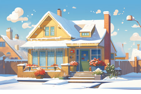 snow capped craftsman home eaves, sunny day, magazine style illustrationの素材
