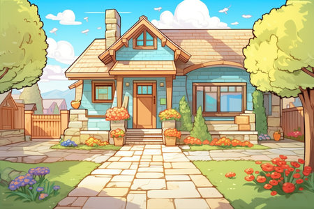 craftsman style house with stone path and overhanging eaves, magazine style illustrationの素材