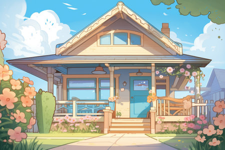 craftsman home with overhanging eaves and blooming spring flowers, magazine style illustrationの素材