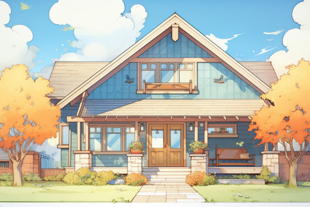 craftsman house with long overhanging eaves and front yard, magazine style illustrationの素材