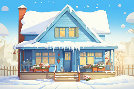picture of a craftsman home with blue overhanging eaves against a snowy landscape, magazine style illustrationの素材