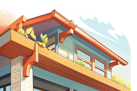 closeup image of wooden overhanging eaves on a white craftsman house, magazine style illustrationの素材