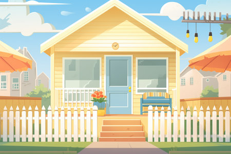 wide porch of a small craftsman house with a picket fence, magazine style illustrationの素材