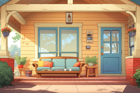 craftsman house porch with visible front door details, magazine style illustrationの素材