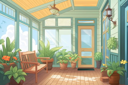 green vegetation surrounding the wide porch of a craftsman house, magazine style illustrationの素材