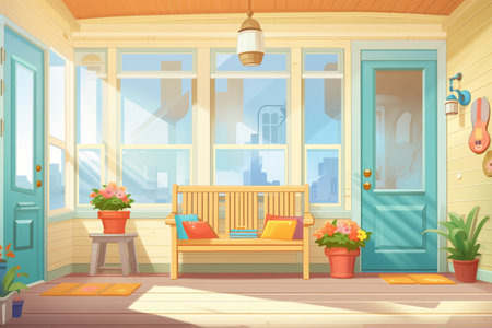spacious porch of a craftsman house with a bright door, magazine style illustrationの素材