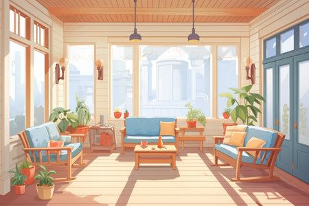 spacious craftsman porch with traditional outdoor furniture, magazine style illustrationの素材