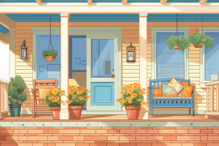 exterior view of craftsman house porch with porch skirting, magazine style illustrationの素材