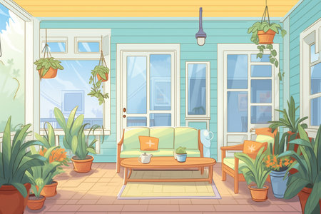porch of a craftsman house with a lush front yard, magazine style illustrationの素材