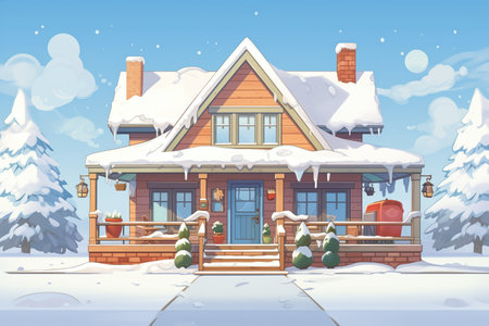 craftsman house with a snow-covered wide front porch, magazine style illustrationの素材
