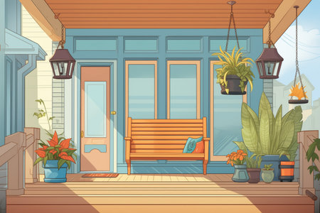 porch of a craftsman style house with hanging planters, magazine style illustrationの素材