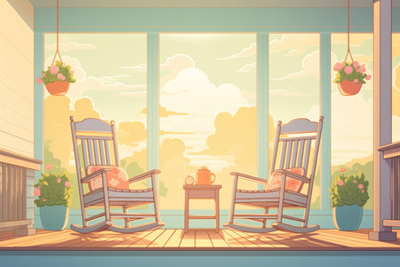 rocking chairs on a craftsman style porch during sunset, magazine style illustrationの素材