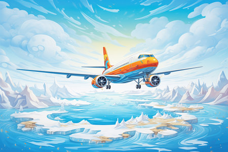 an airliner flying over the icy landscapes of the arcticの素材