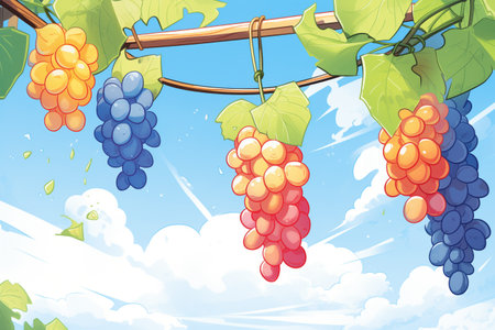 bunch of ripe grapes hanging in a vineyardの素材
