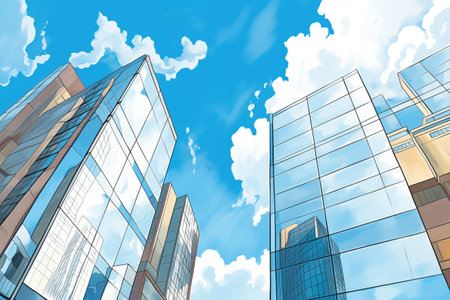steel and glass skyscrapers reflecting the blue skyの素材