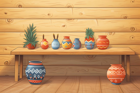 native american pottery on wooden tableの素材