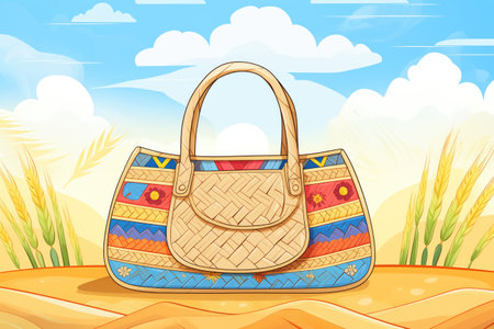 a handmade romanian straw bag on wheat fieldの素材