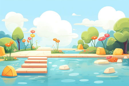 stepping stones leading to a serene outdoor diving poolの素材