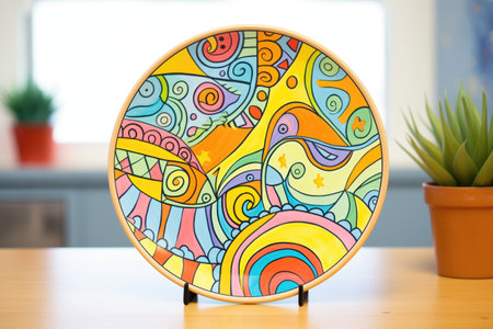 custom made pottery plate partially covered in colorful glazeの素材