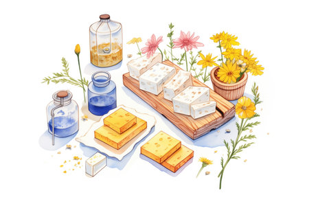 homemade soap bars surrounded by essential oils and dried flowersの素材