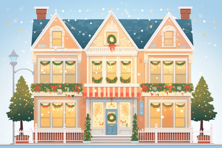 dutch colonial house with a front gable decorated with holiday lights, magazine style illustrationの素材