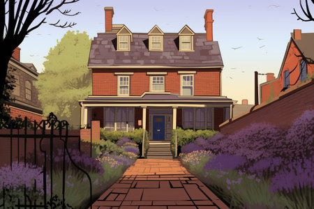 dutch colonial with flared eaves, brick path, lavender bushes, magazine style illustrationの素材