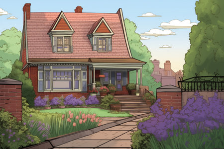 dutch colonial with flared eaves, brick path, lavender bushes, magazine style illustrationの素材