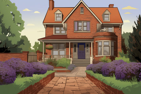 dutch colonial with flared eaves, brick path, lavender bushes, magazine style illustrationの素材