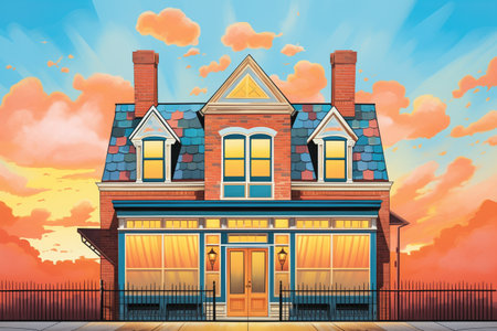 front-facing gable of a dutch colonial house against a fiery sunset, magazine style illustrationの素材