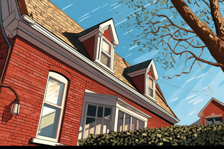flared eaves detail in a sunlight on a red-brick dutch colonial, magazine style illustrationの素材
