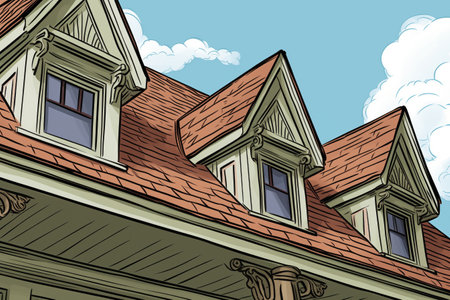 closeup of flared eave woodwork on a dutch colonial, magazine style illustrationの素材