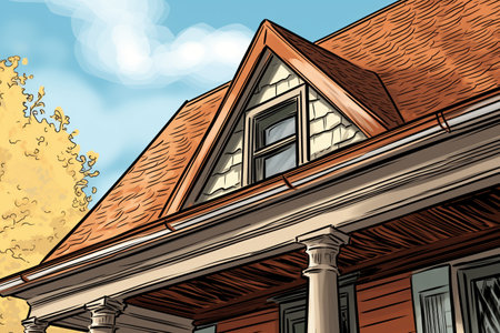 closeup of flared eave woodwork on a dutch colonial, magazine style illustrationの素材
