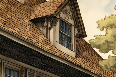 closeup showing texture of flared eave of a dutch colonial, magazine style illustrationの素材