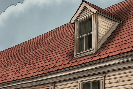 closeup showing texture of flared eave of a dutch colonial, magazine style illustrationの素材