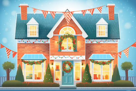 dutch colonial house with a front gable lit up for a holiday celebration, magazine style illustrationの素材