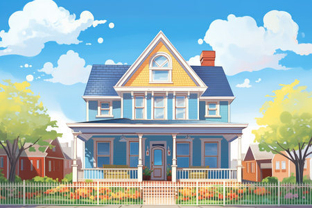 dutch colonial house with a front-facing gable and a sunny blue sky backdrop, magazine style illustrationの素材