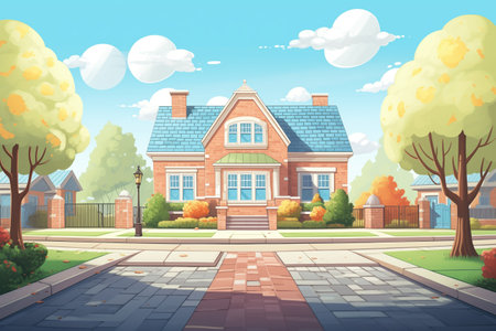 dutch colonial house with a neatly paved driveway, magazine style illustrationの素材