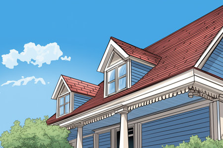 classic dutch colonial flared eave against blue sky, magazine style illustrationの素材