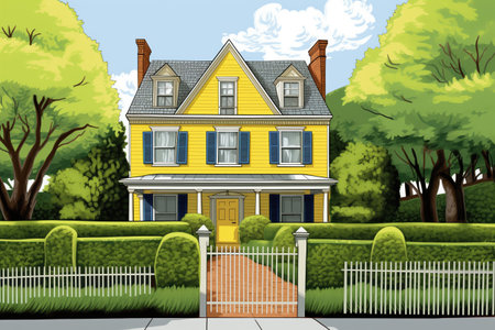 dutch colonial house, yellow, flared eave, manicured hedges, magazine style illustrationの素材