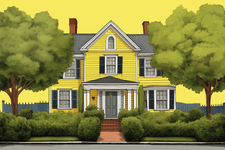 dutch colonial house, yellow, flared eave, manicured hedges, magazine style illustrationの素材