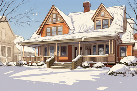 tan dutch colonial, its flared eave against a snow-laden lawn, magazine style illustrationの素材